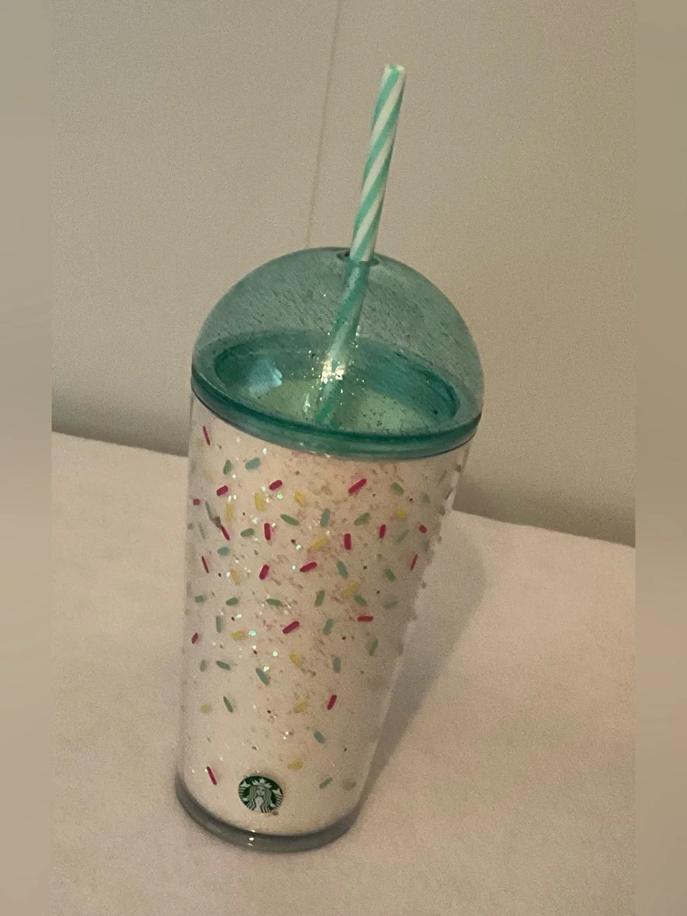 Starbucks White Tumbler with Teal Dome Lid and Sprinkle Design